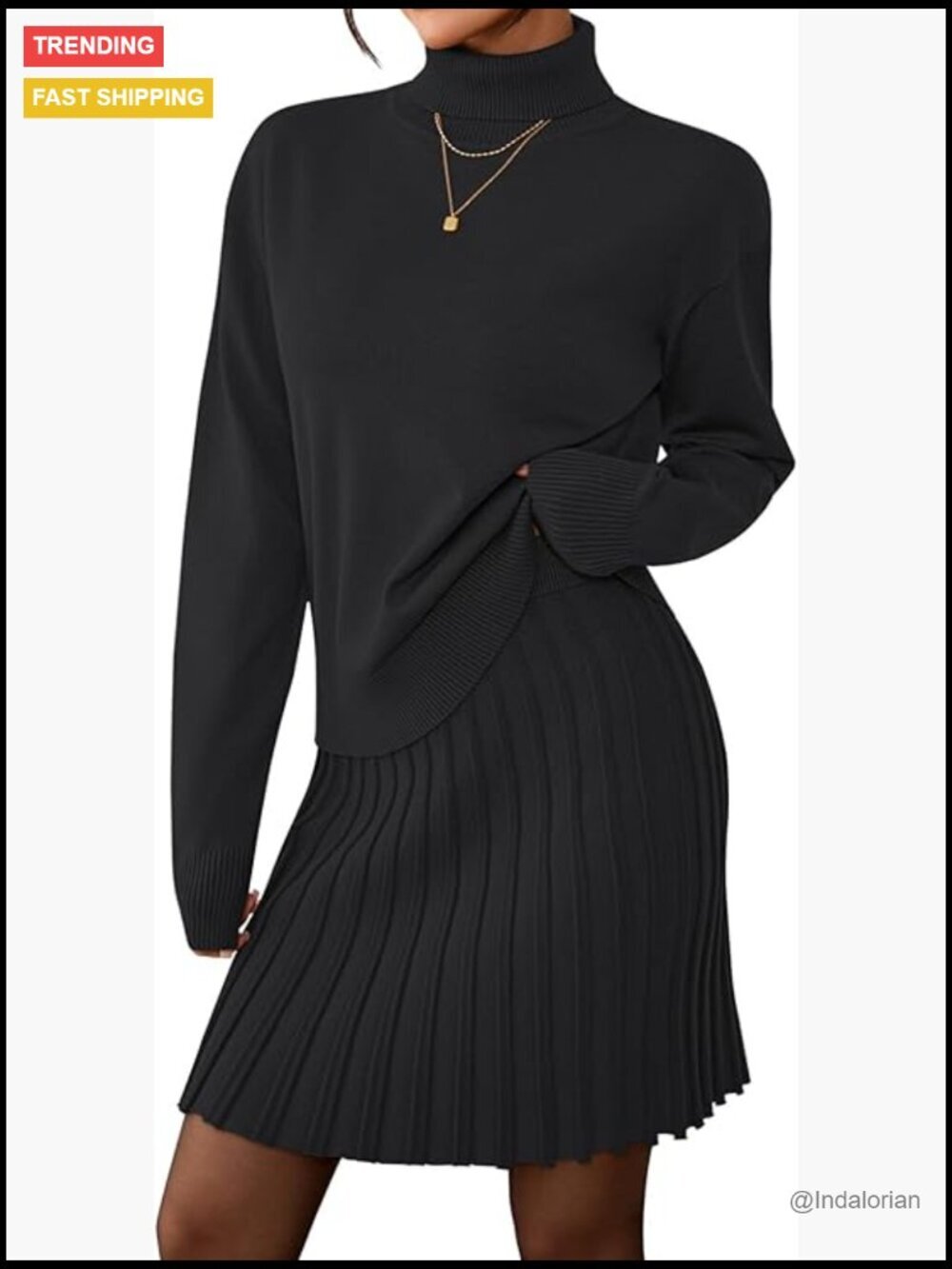 Women's 2 Piece Knit Sweater Outfit Set Long Sleeve High Neck Top Pleated Mini